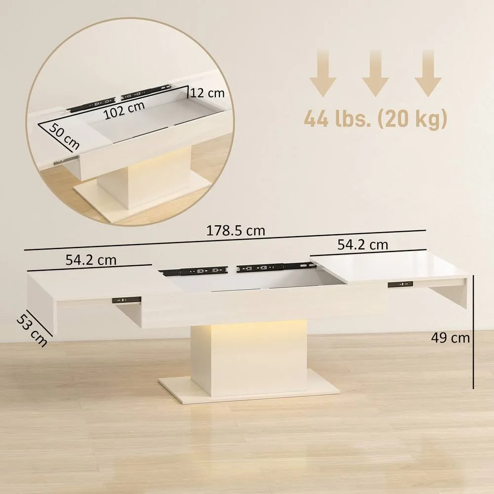 HOMCOM Extendable Coffee Table, Living Room Table with LED Lights, White 3