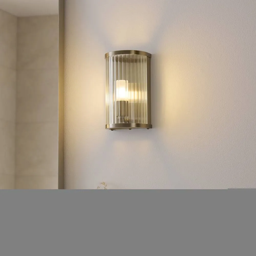 Netlighting Ridgeton IP44 Bathroom Wall Lamp Antique Brass Clear Ribbed Glass in Gold 3
