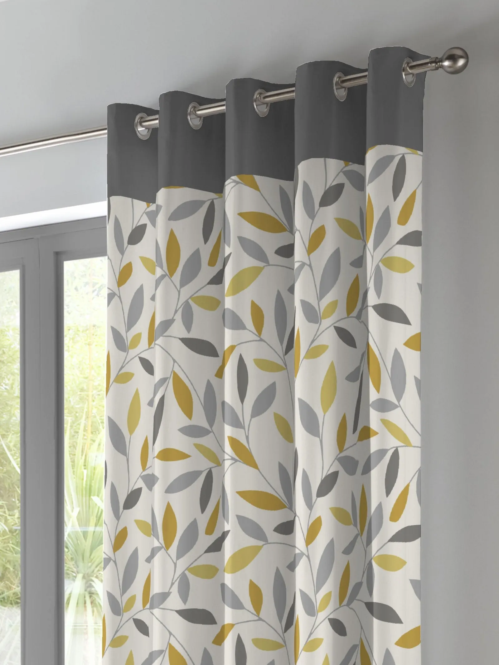 Fusion 'Beechwood' Leaf Trail Pair of 100% Cotton Eyelet Curtains in Mustard 2