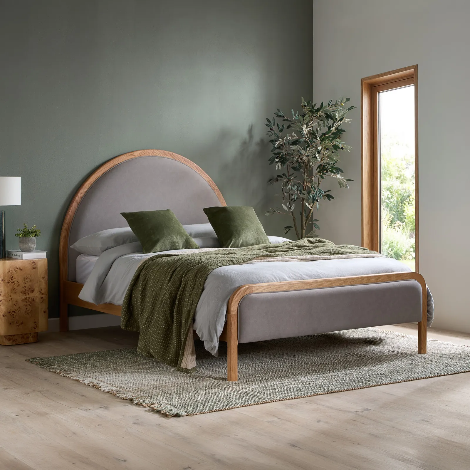 Liana - Double - Curved Headboard Bed - Grey/Oak - Fabric/Wood - 4ft
