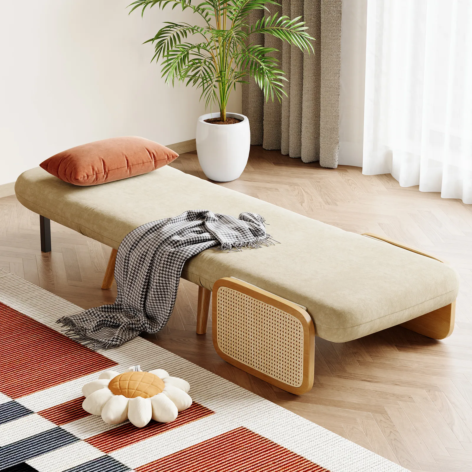 Up to 192 cm Convertible Single Sofa Bed Mid-Century Modern Sleeper Lounge Chair with Rattan Armrest