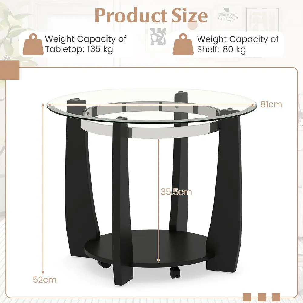 Costway Rolling Glass Round Coffee Table 2-Tier Cocktail Table w/Storage Shelf in Black 2
