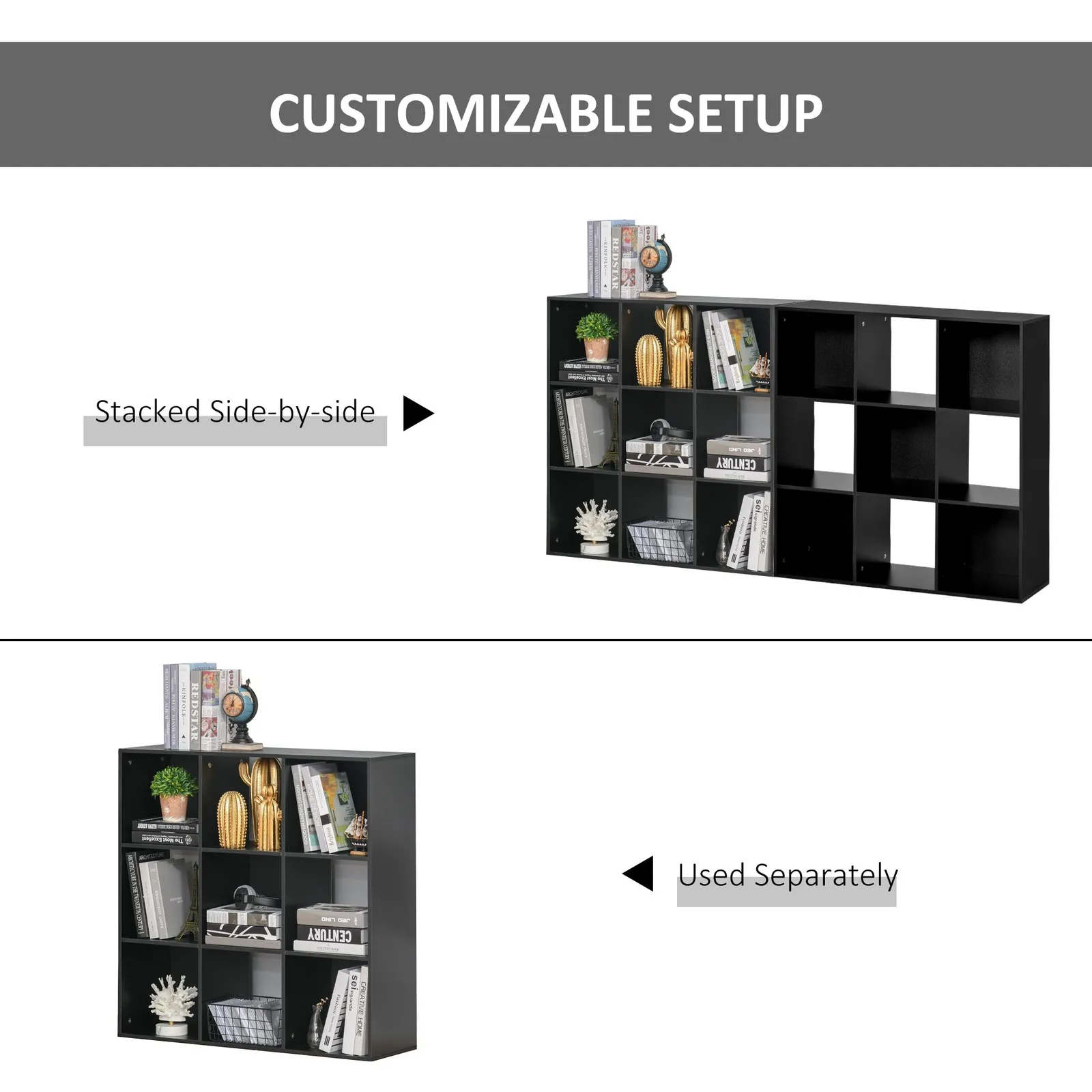 HOMCOM Bookshelf Storage Cabinet Bookcase 9 Cubes Particle Board Home Office in Black 4