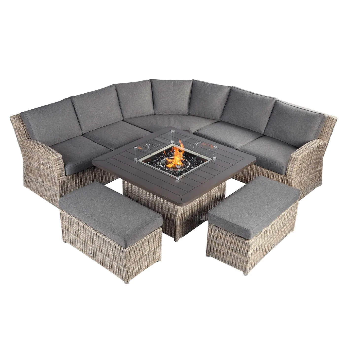 Calvia Garden Curved Corner Sofa Set in Driftwood Weave with Espresso Fabric