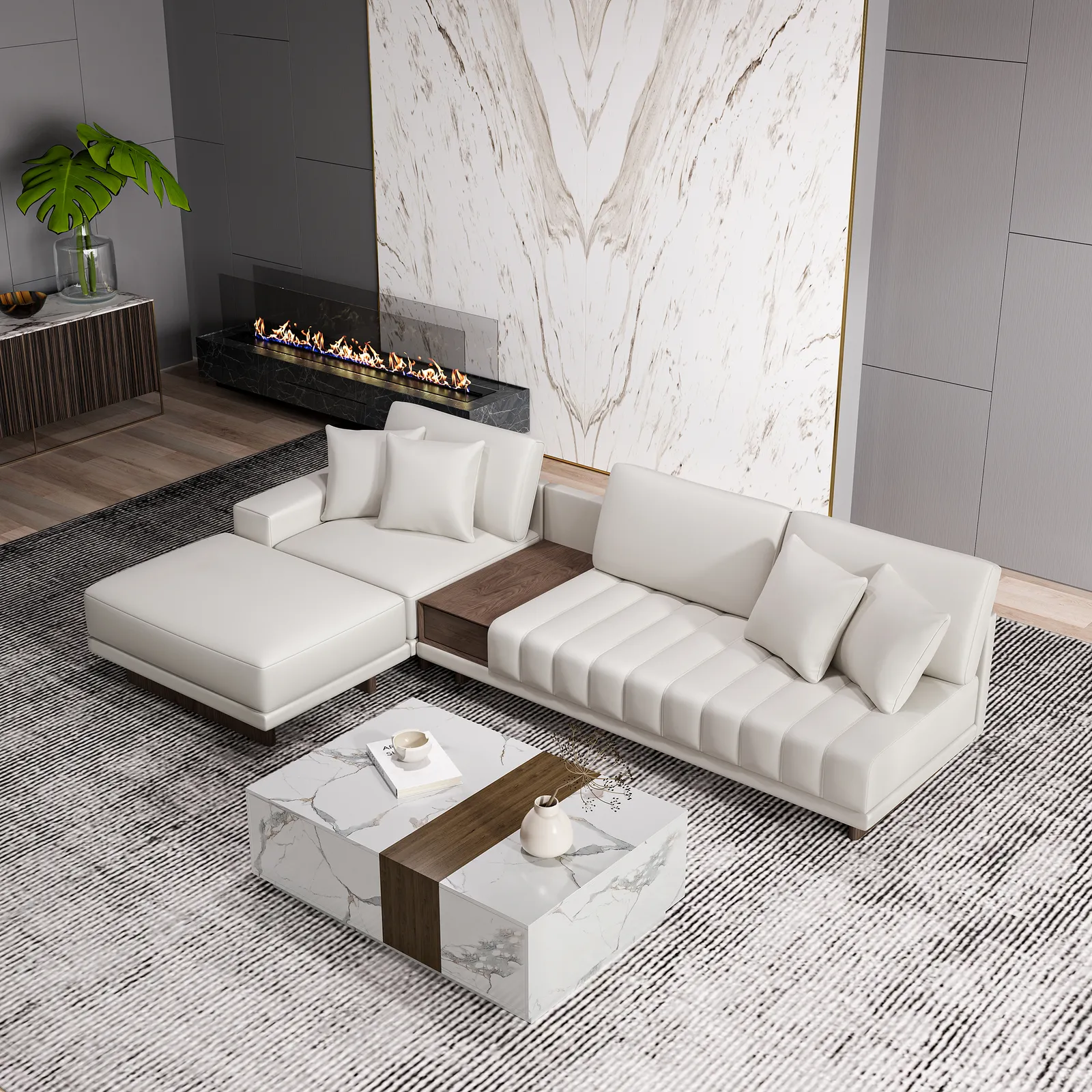 Modern Living Room Couch Set Leather L-Shaped White Modular Sectional Sofa & Wood Block Coffee Table