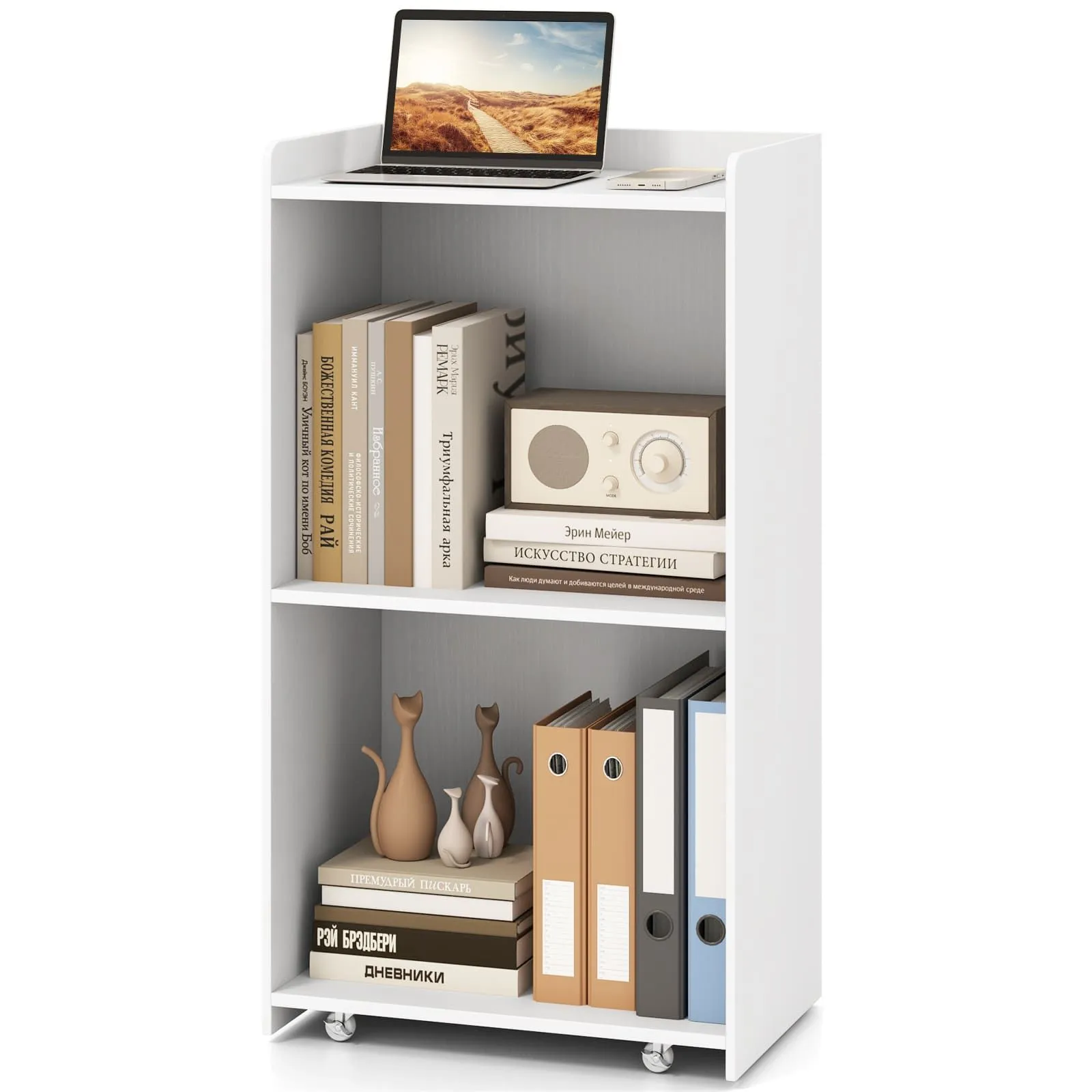 Costway Rolling Lectern Stand 105 cm Presentation Podium w/2 Shelves-White in White