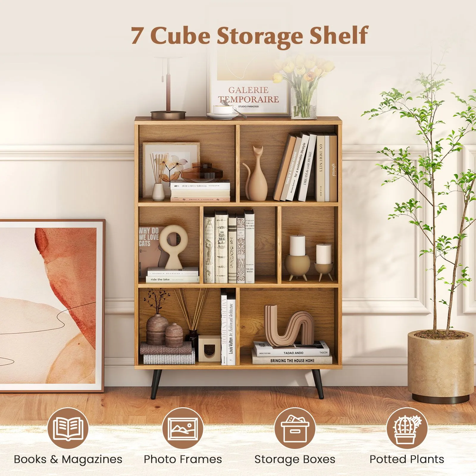 Costway 7-Cube Bookcase Mid Century Modern Storage Organizer in Natural 4