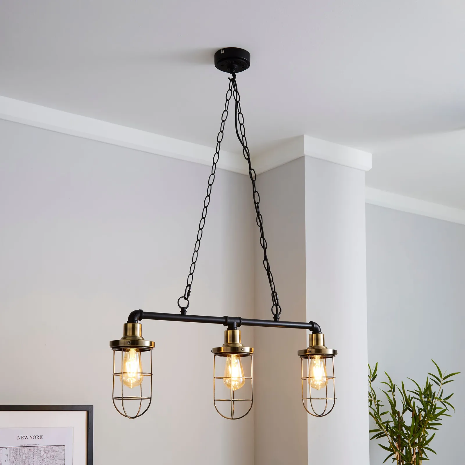 Milas Pipe Industrial 3 Light Bar Black Diner Ceiling Fitting Black