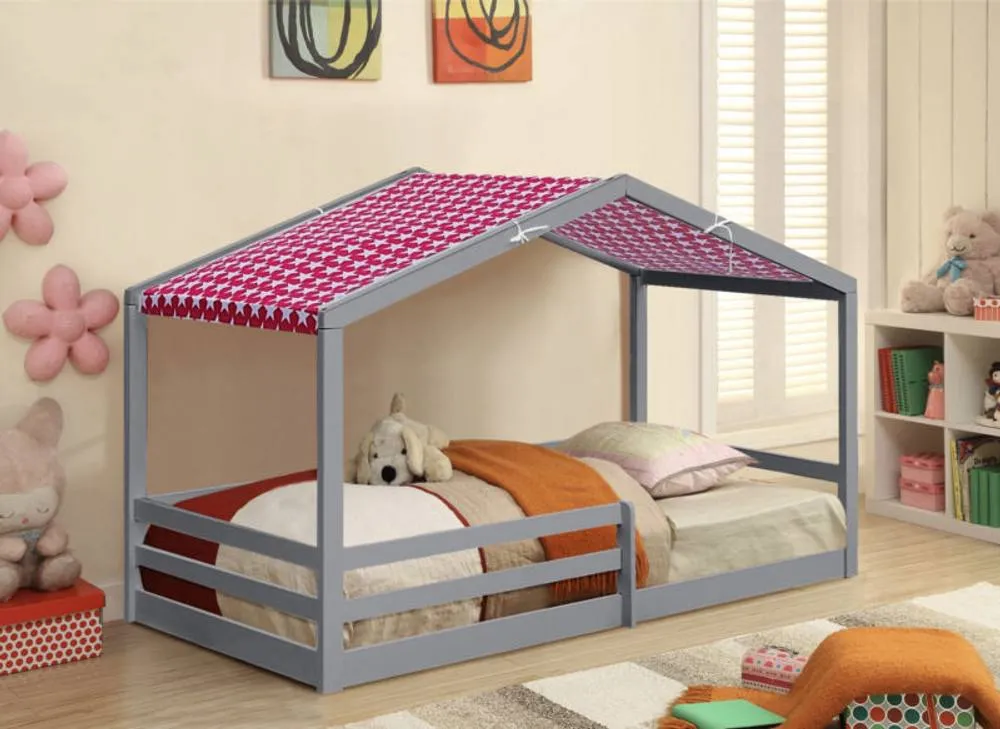 Comfy Living Ltd 3ft Wooden House Bed With Pink Tent in Grey 1