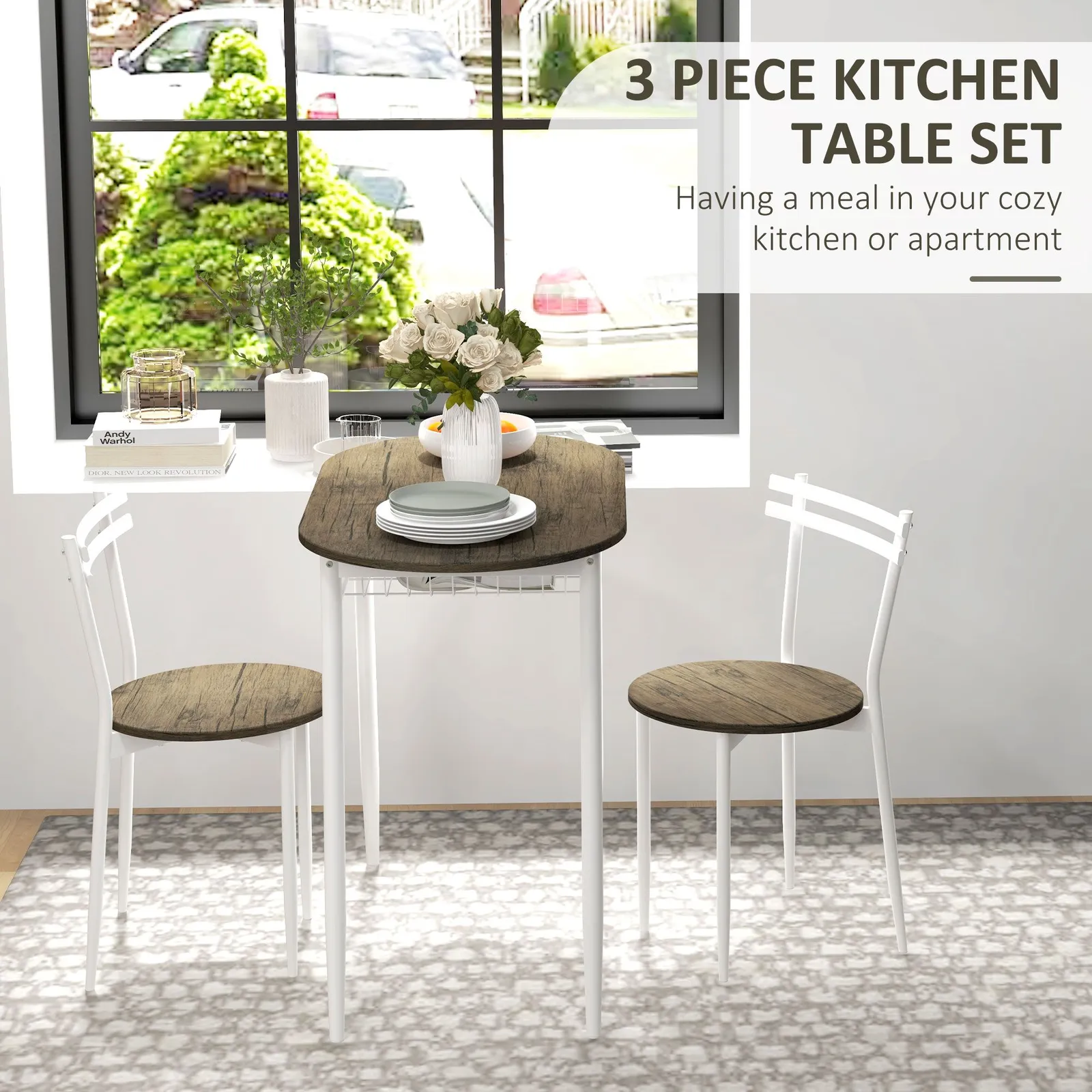HOMCOM 3-Piece Dining Table & Chairs Set, Oval Kitchen Table with 2 Chairs Natural in Brown 4