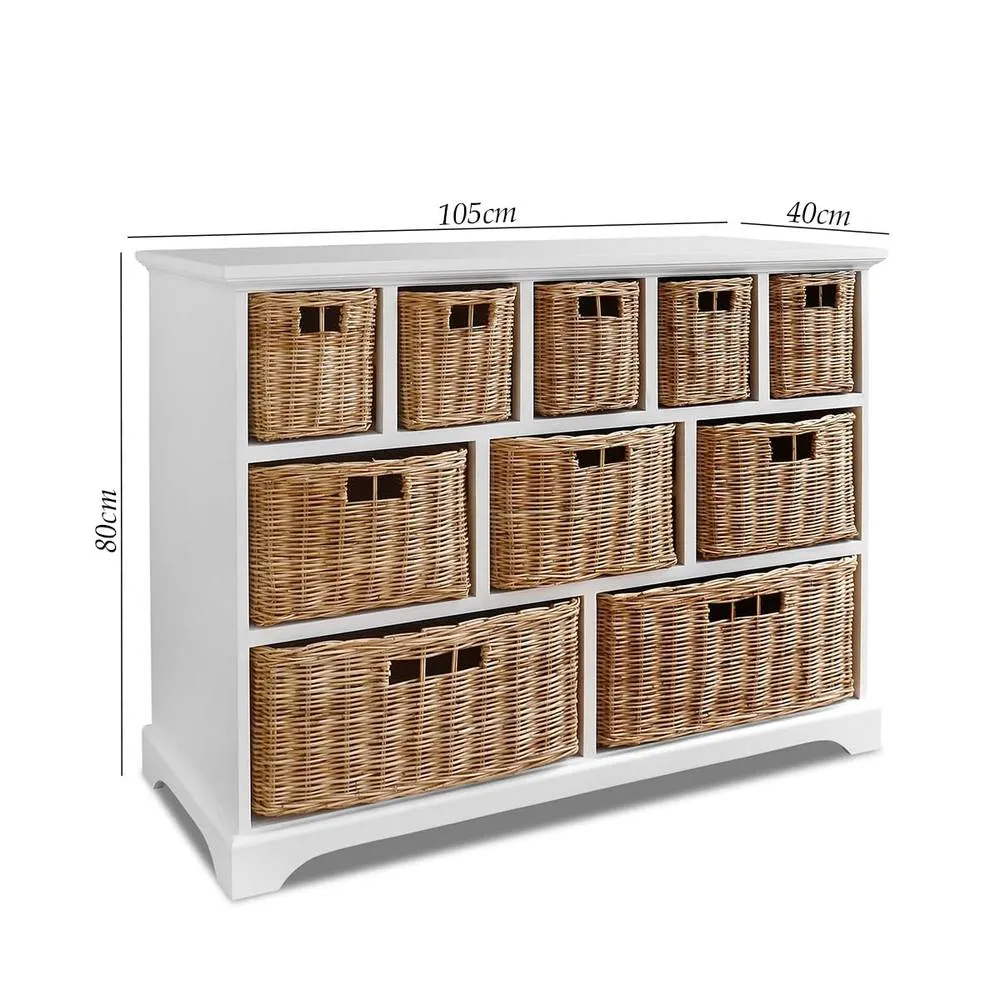 Statement Furniture Tetbury 10 Drawer Storage Unit with Wicker Baskets in White 2