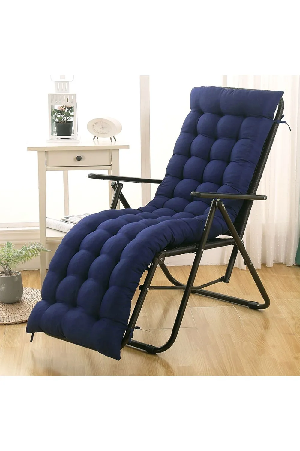 Living and Home 170cm L x 48cm W Button Tufted Beach Lounge Chair Cushion Garden Bench Seat Pad in Dark Blue
