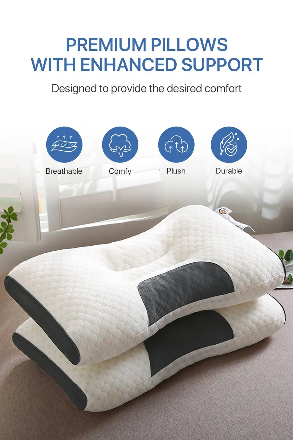 ExtraStar 2-Pack Contoured Orthopedic Pillows, Ergonomic Neck Support Pillows in White