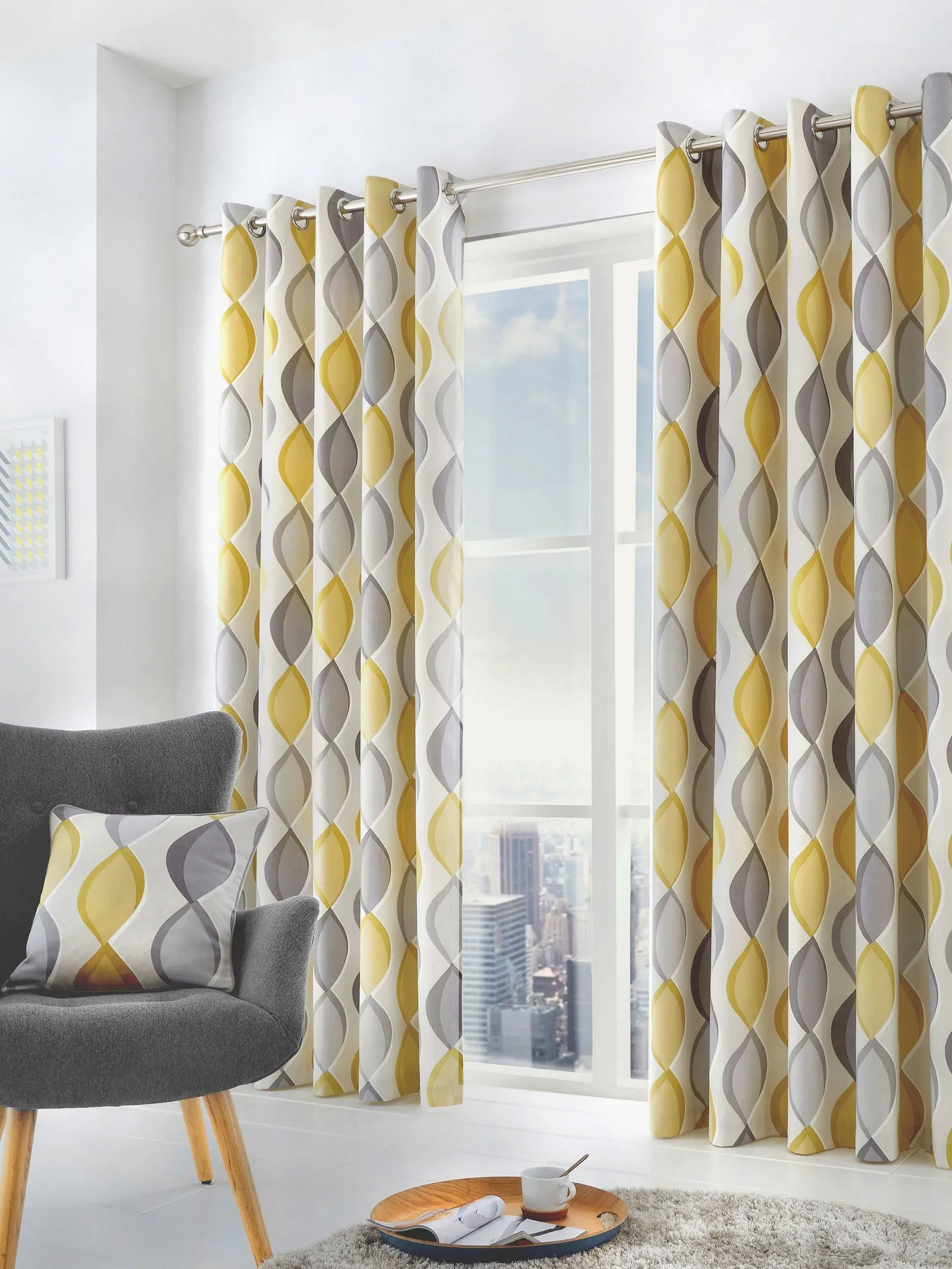 Fusion 'Lennox' Modern Geo Print Eyelet Curtains in Yellow 4