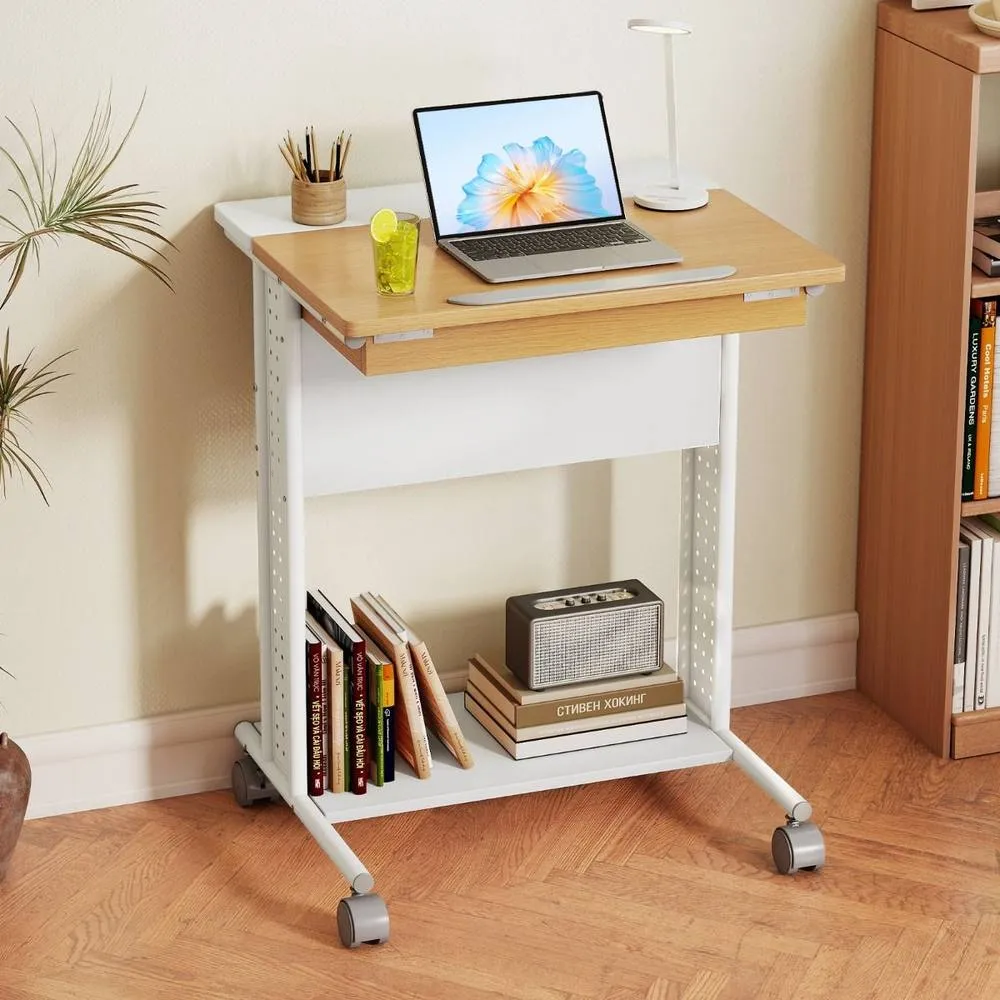 Costway Rolling Portable Desk Laptop Desk Wooden PC Table w/ Tilting Tabletop 5