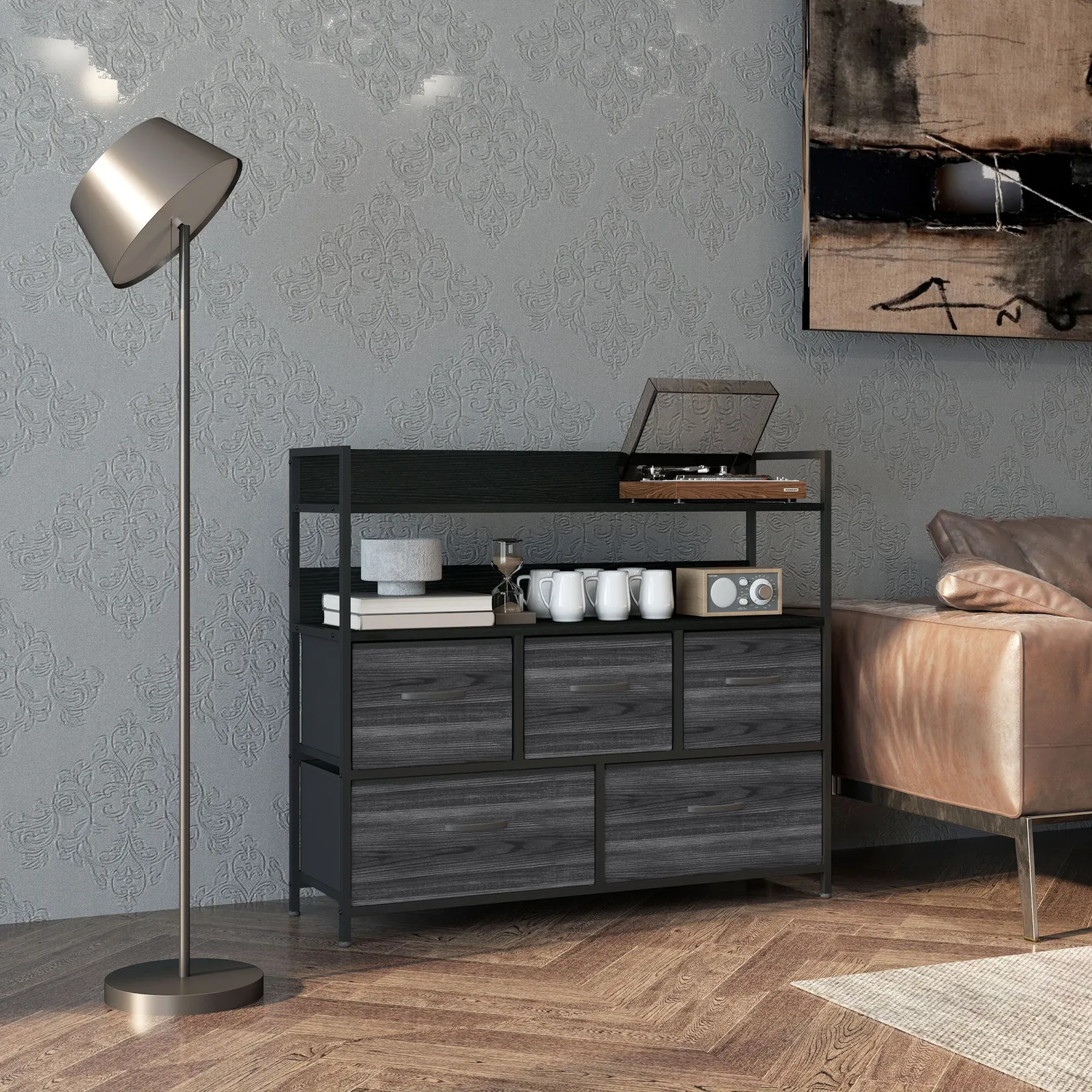 HOMCOM Bedroom Chest of Drawers 5 Drawer Dresser w/ Shelves, Black