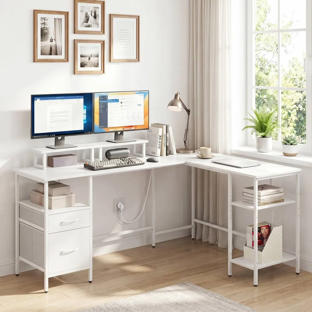 Costway L-shaped Desk with Power Outlets Reversible Corner Desk in White 4
