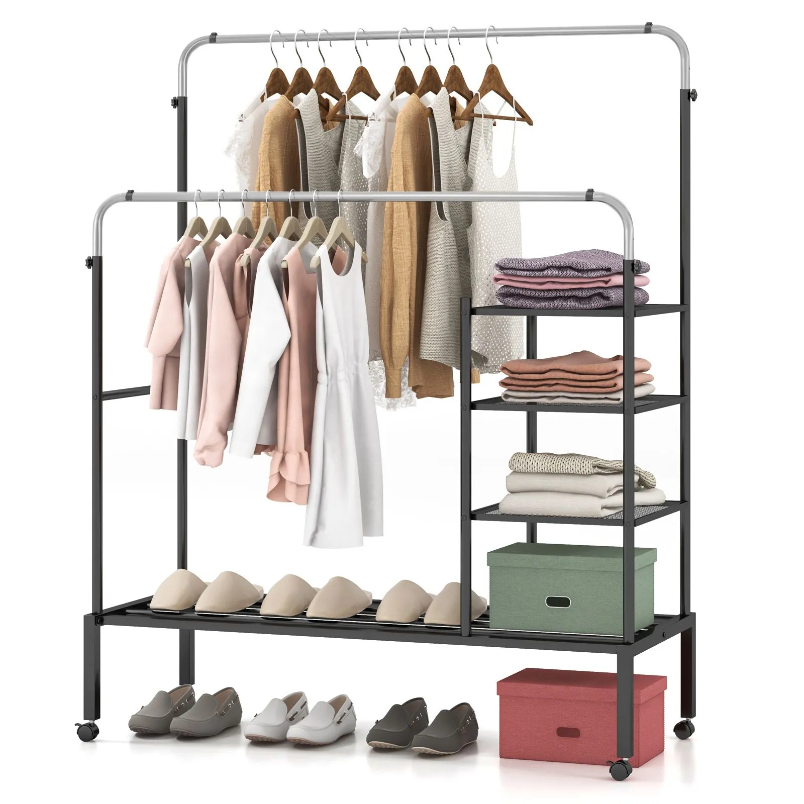 Costway Rolling Clothes Drying Rack Adjustable Double Rods Garment Rack in Black 5
