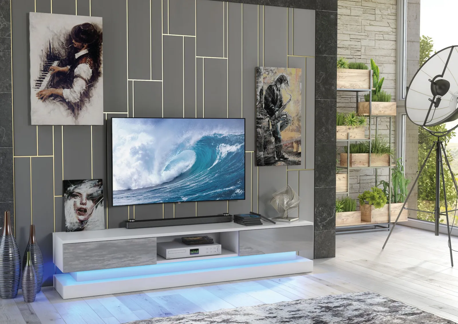 Creative Furniture Bloom TV Unit 180cm - A Functional & Contemporary Cabinet with Gloss Doors & LED Lights in Grey 2