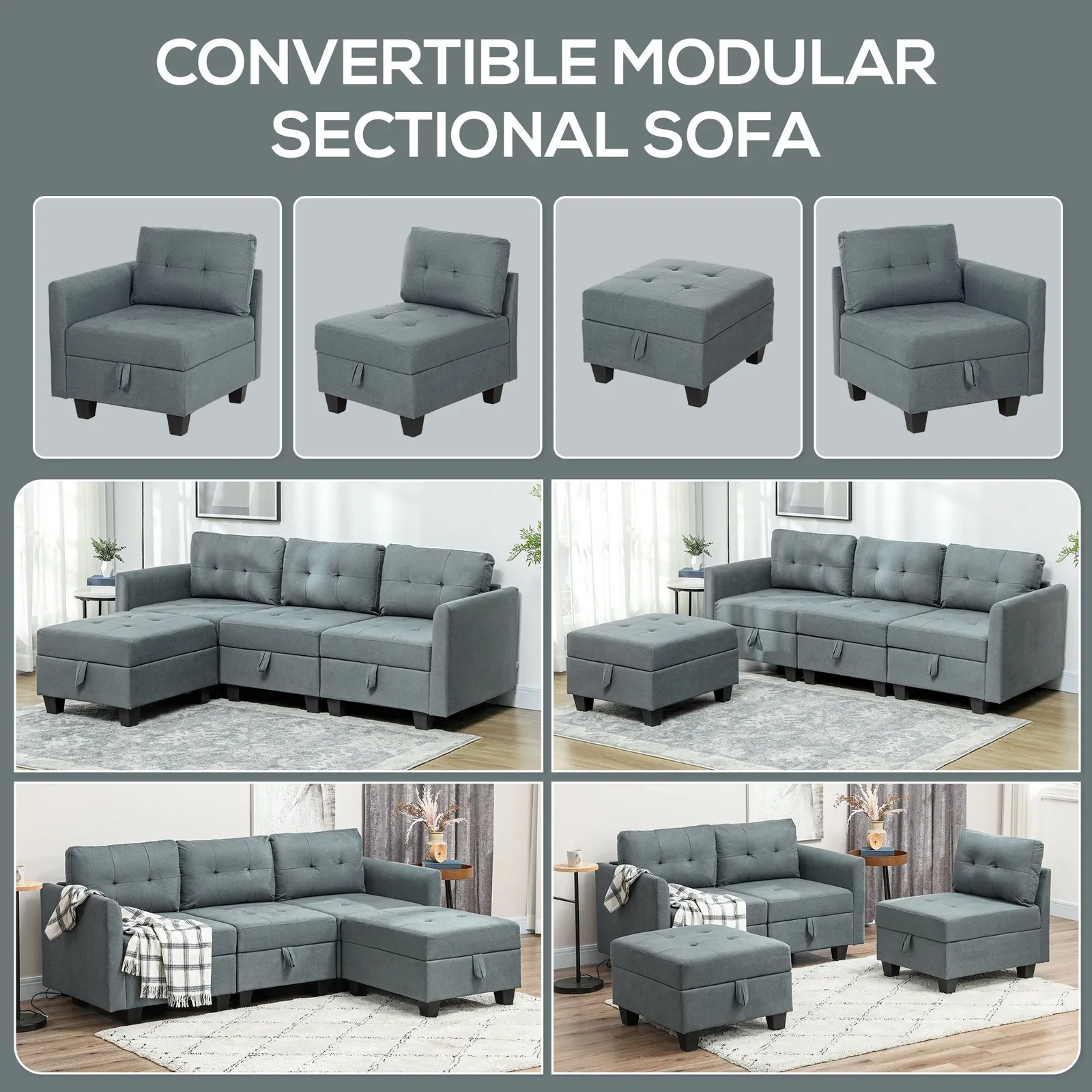 HOMCOM Convertible Modular Sectional Sofa w/ Storage Wood Frame Dark Grey 4