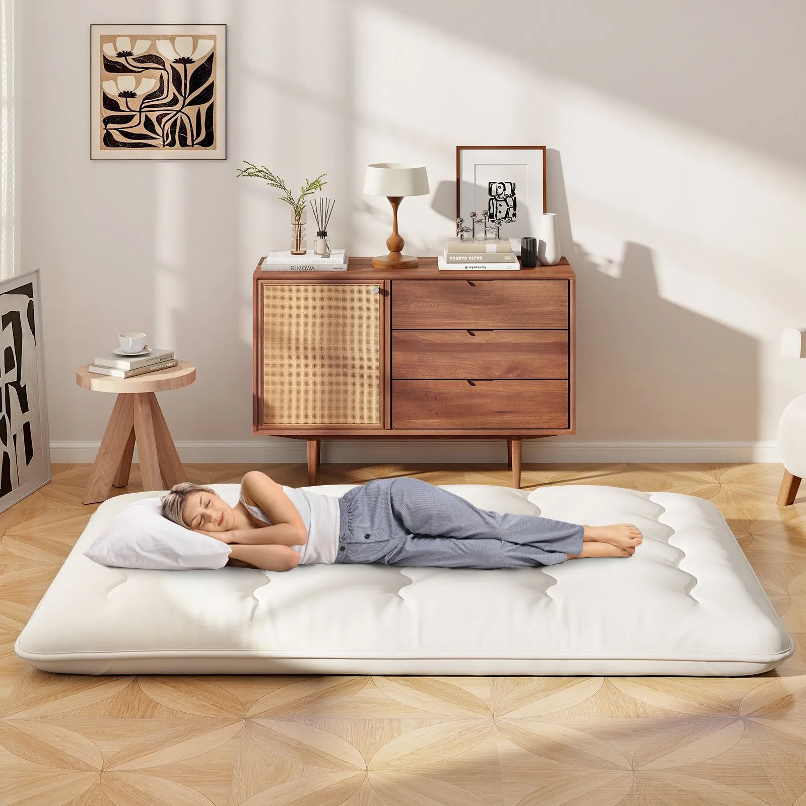 Costway Foldable Tatami Mat Floor Futon Mattress Roll up Sleeping Pad with Washable Cover, Small Double/Double/King Size in Beige 3
