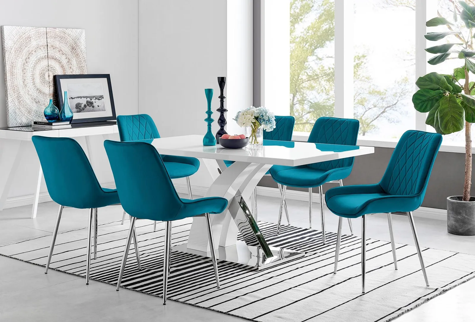 FurnitureboxUK Atlanta 6 White Dining Table & 6 Pesaro Silver Leg Chairs in Blue 1
