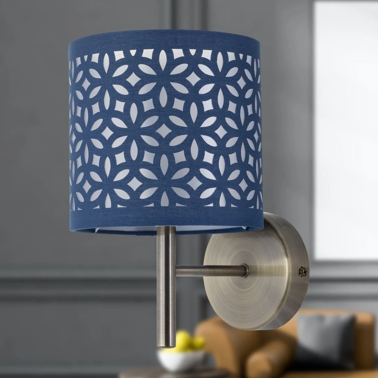 First Choice Lighting Brea - Antique Brass Wall Light with Navy Blue Cut Out Shade in Gold 4