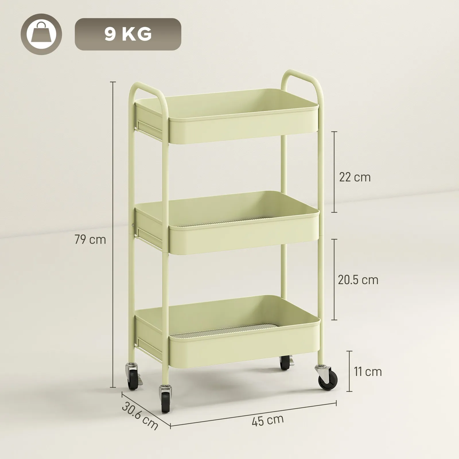HOMCOM 3 Tier Rolling Utility Cart with 3 Mesh Basket in Green 3