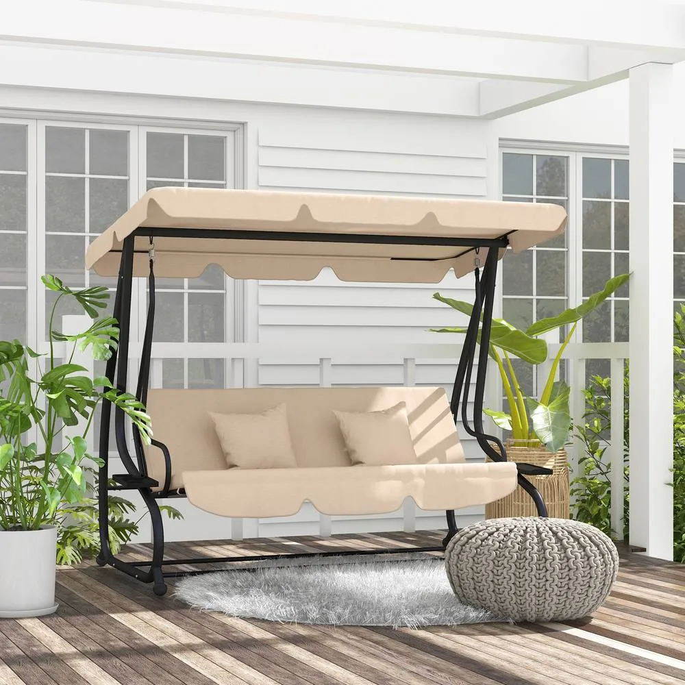 OUTSUNNY 2-in-1 Garden Swing Chair for 3 Person w/ 2 Pillows, Light Brown