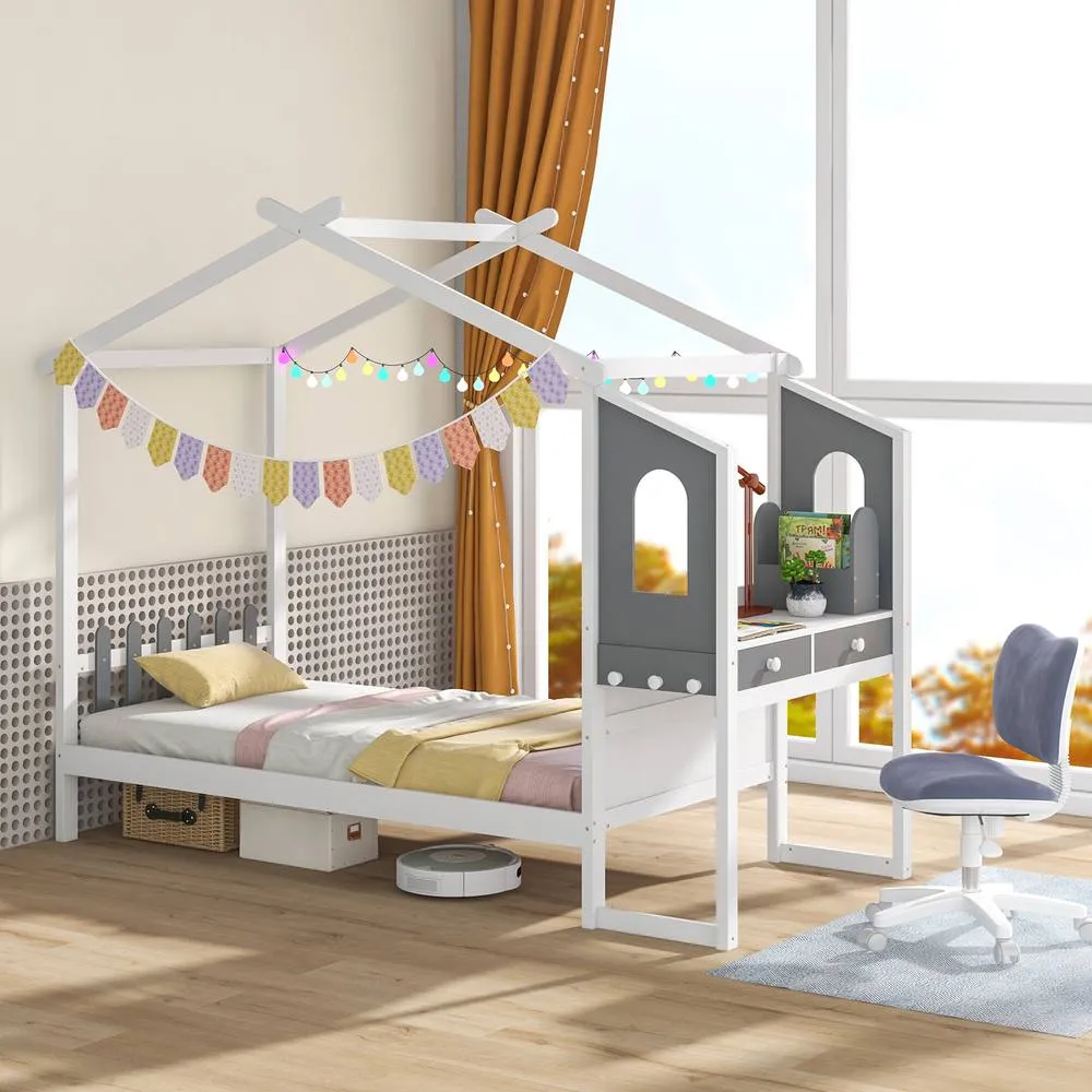 Costway Single House Bed Wood Montessori Bed Frame Playhouse Bed w/Desk in White 4