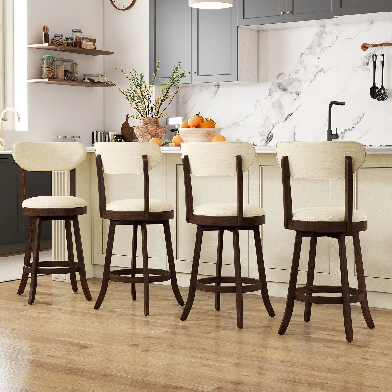 Costway 64CM Counter Height Chairs Set of 2 Swivel High Stool in Beige 6