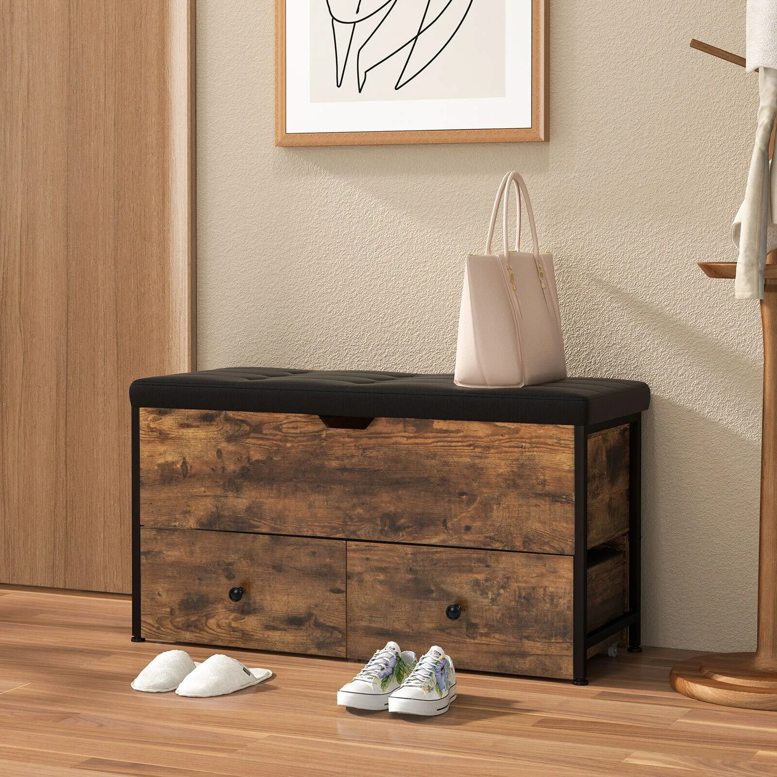 Costway Storage Ottoman Bench Flip Top Storage Chest with 2 Drawers Wooden Storage Bench in Brown 6
