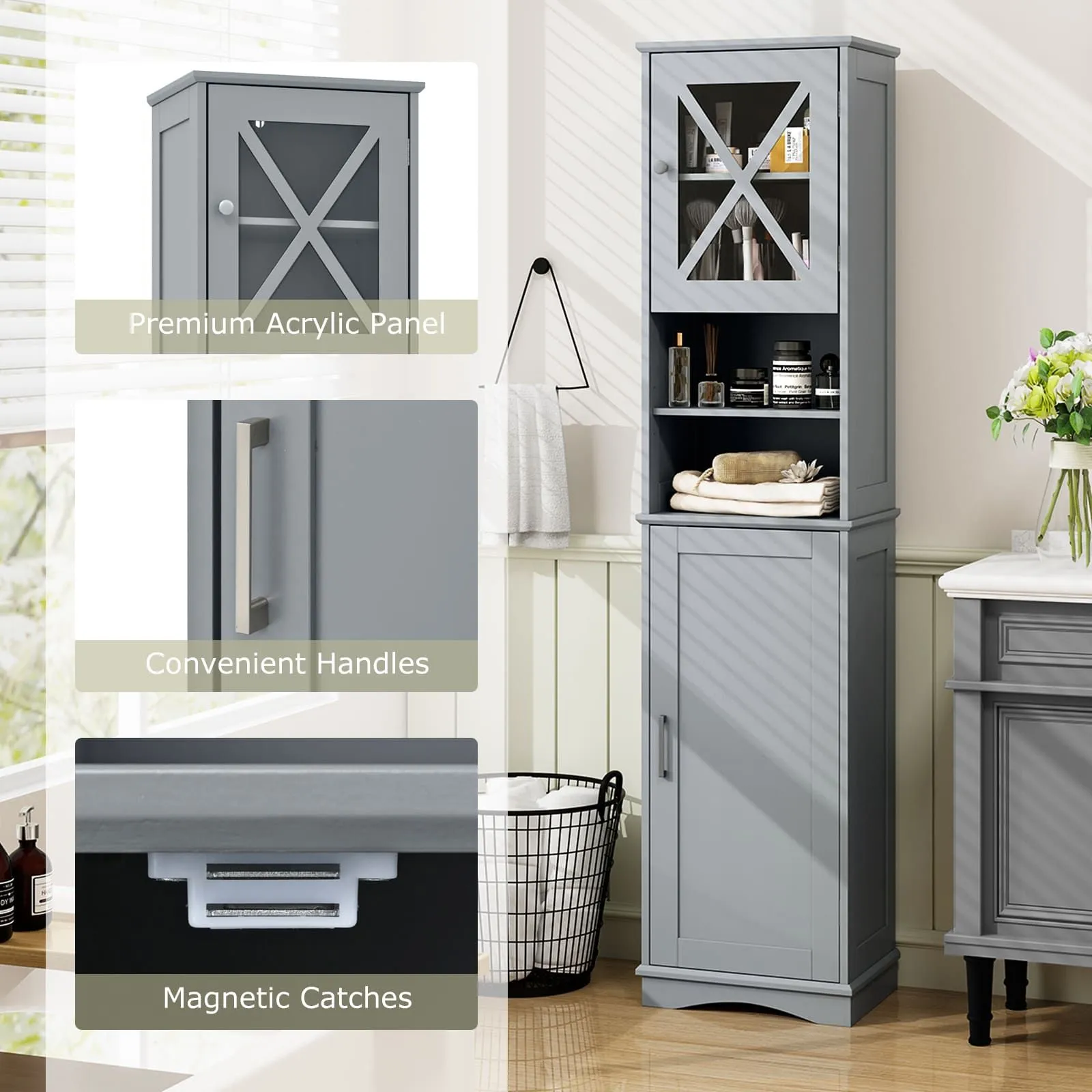 Costway 67" Tall Bathroom Cabinet Freestanding Storage Cabinet-Grey in Grey 2