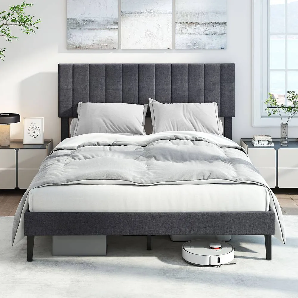 Costway King Size Linen Fabric Bed Frame Upholstered Platform Bed w/Headboard in Grey 4