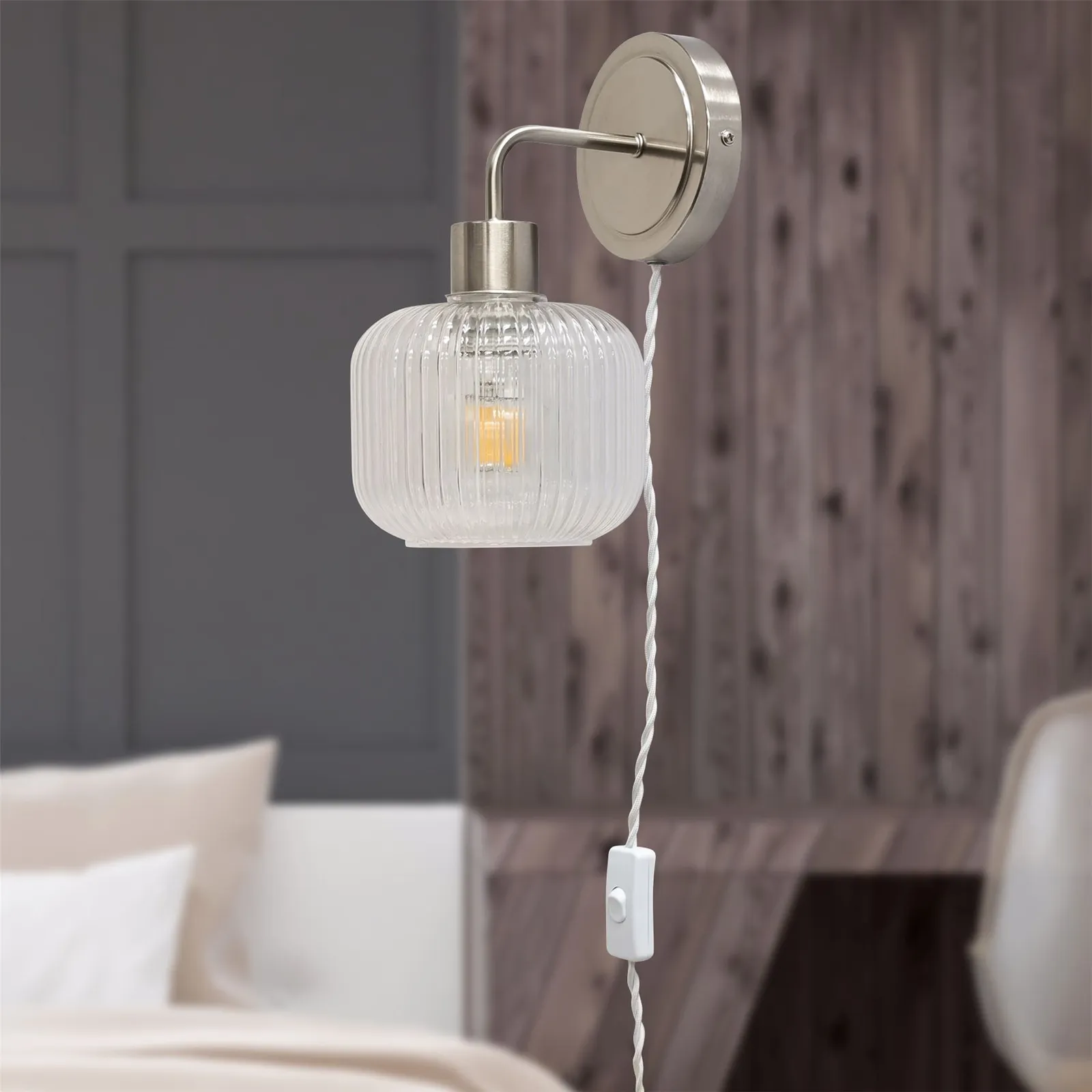 First Choice Lighting Toby - Satin Nickel Plug in Wall Light with Batley Ribbed Glass Shade in Silver 3