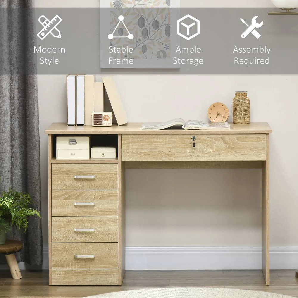HOMCOM Computer Desk Writing Desk with Five Drawers for Home Office Oak in Brown 6