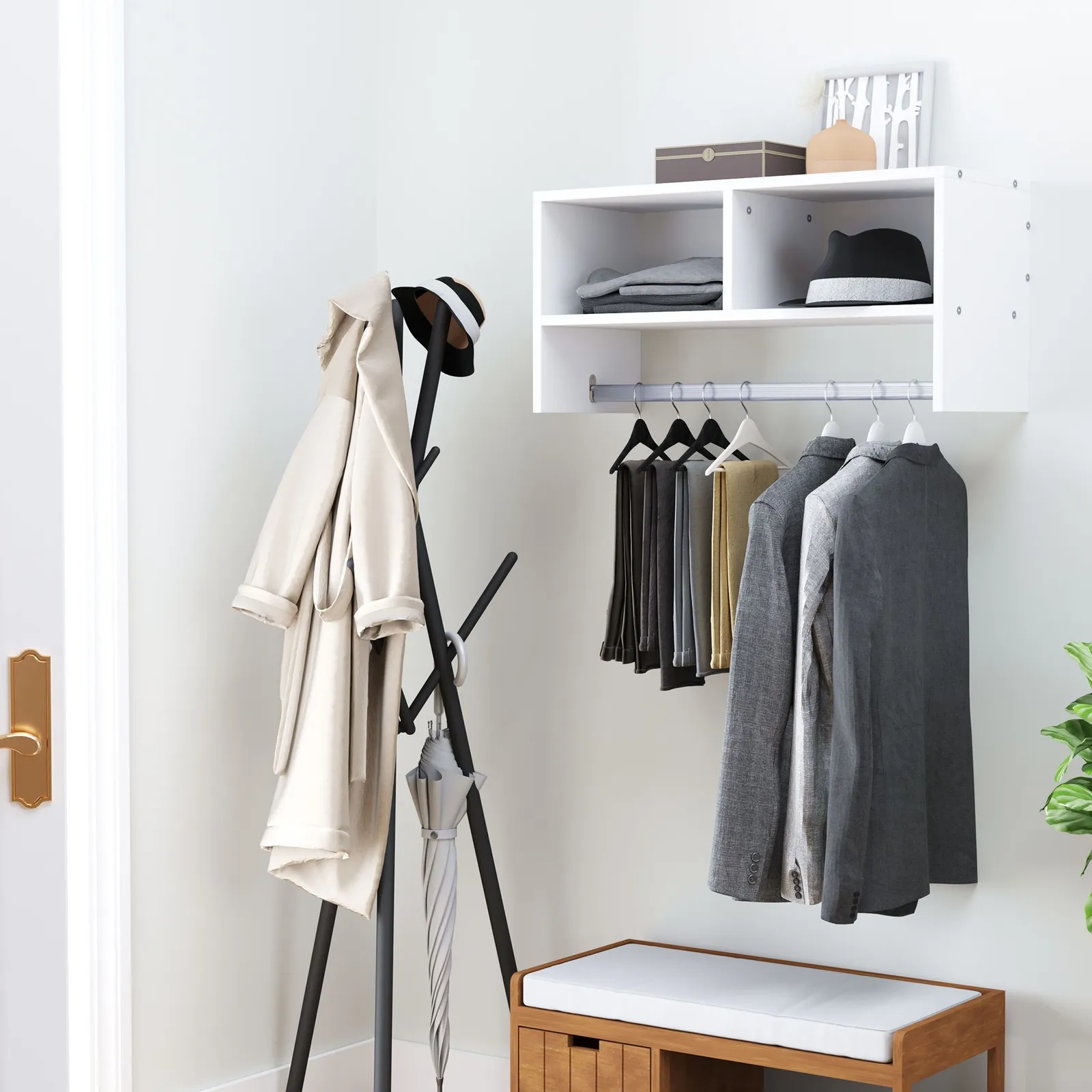HOMCOM Storage Hat Rack Hanging Coat Organizer Rail Hanger Wall Mounted in White