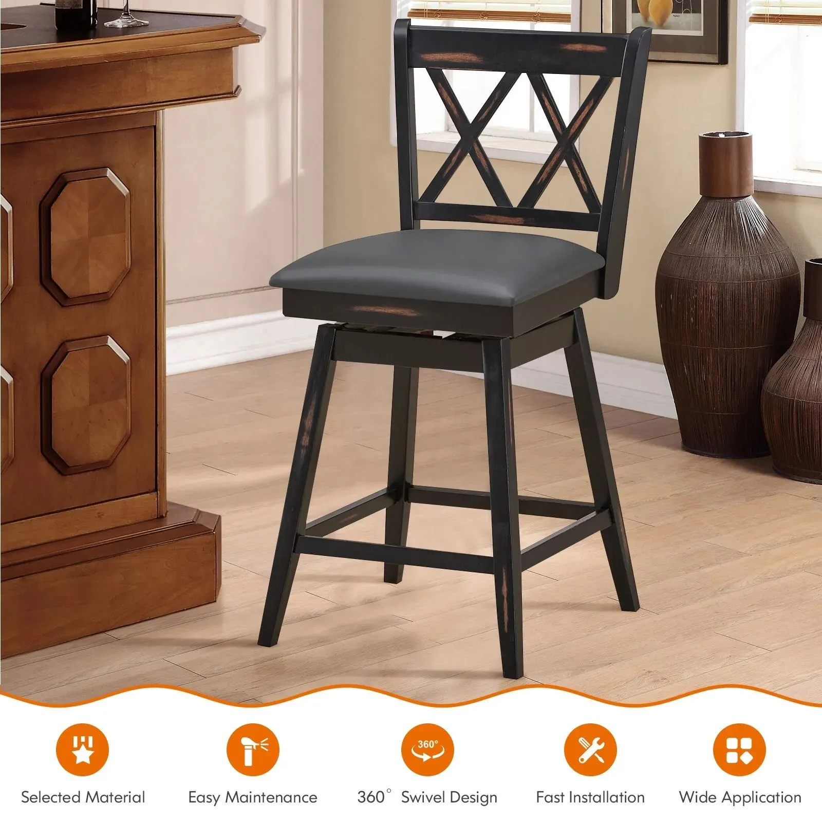 Costway Set of 2 Bar Stools Counter Height Chair Pub 360 °Swiveling Upholstered Seat 24" in Black 3