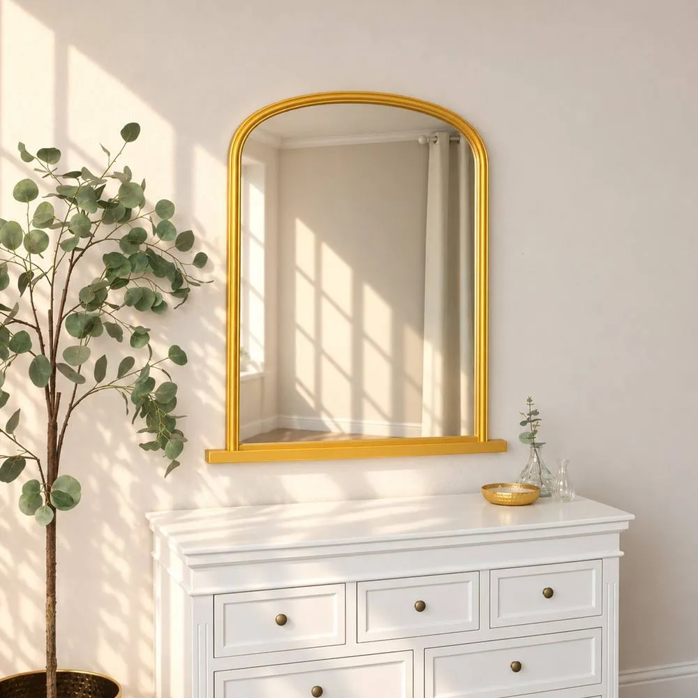 Melody Maison Large Metallic Gold Arched Overmantle Wall Mirror - 88cm X 99cm