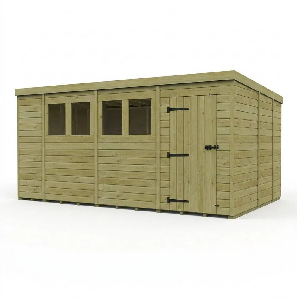 Buttercup Farm 14ft x 9ft Pent Garden Shed Single Door With Windows - Timber in Brown