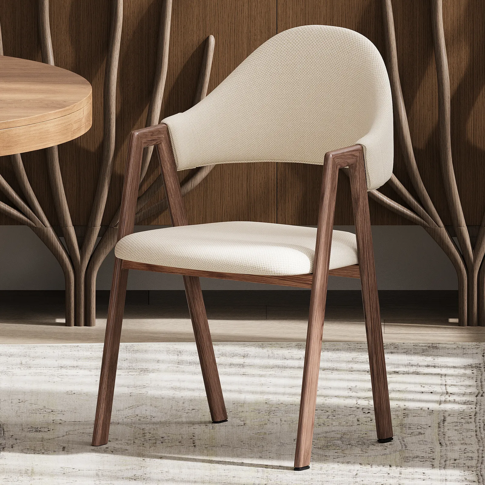 Set of 2 Linen Dining Chair Upholstered Curved Back Modern Warm White Dining Room Chairs