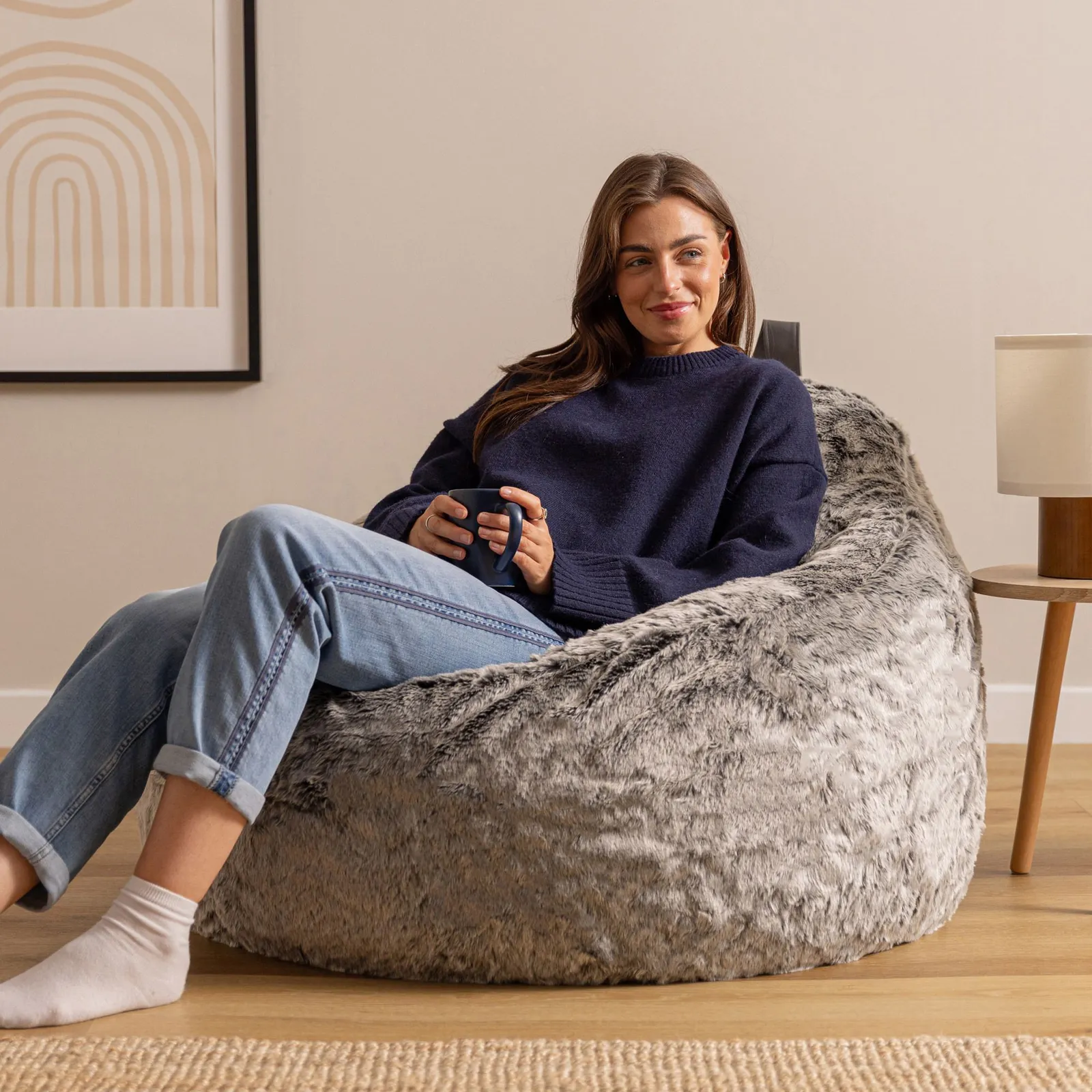 icon Cocoon Faux Fur Bean Bag Natural Bean Bag Chairs in Light Grey