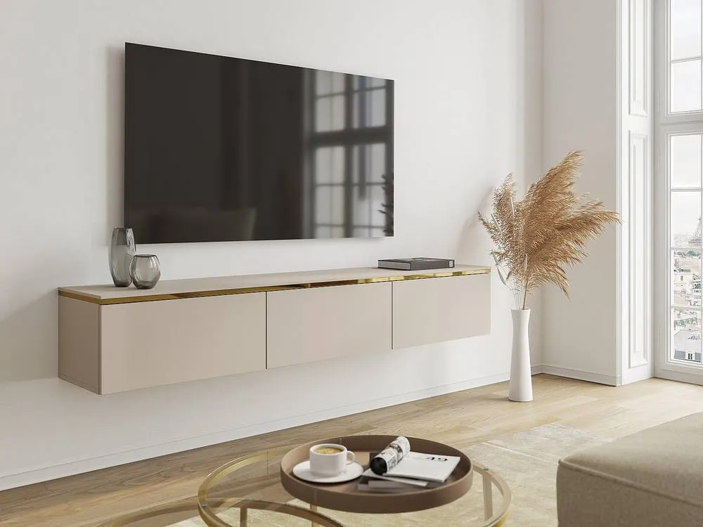 Vente-unique Wall-Mounted TV Unit With 3 Doors - Beige & Gold - VUKIA 3
