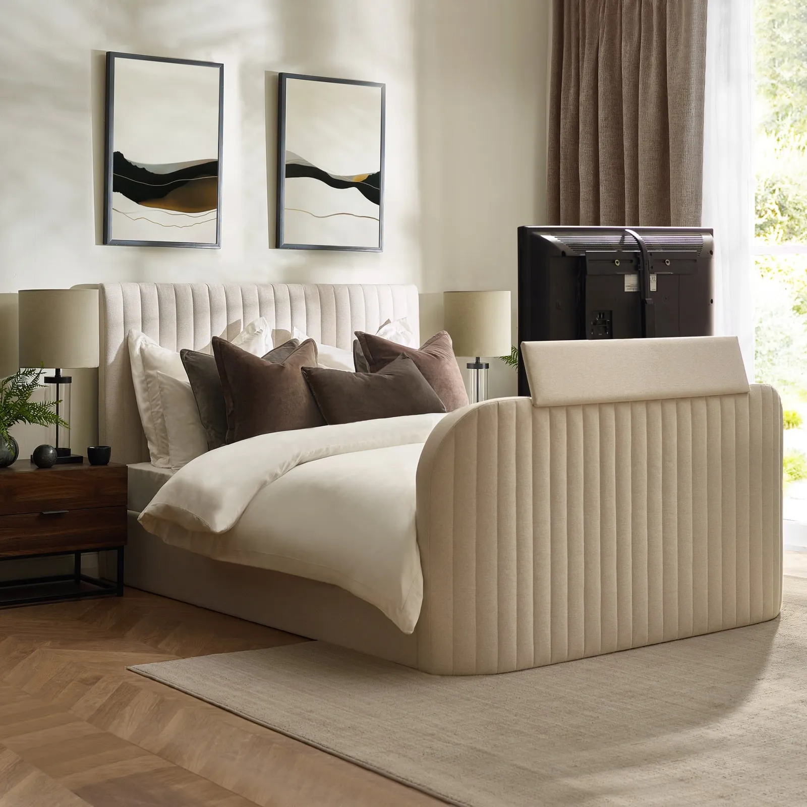 Hermione - Double - Ottoman Storage TV Bed - Natural - Fabric - 4ft6