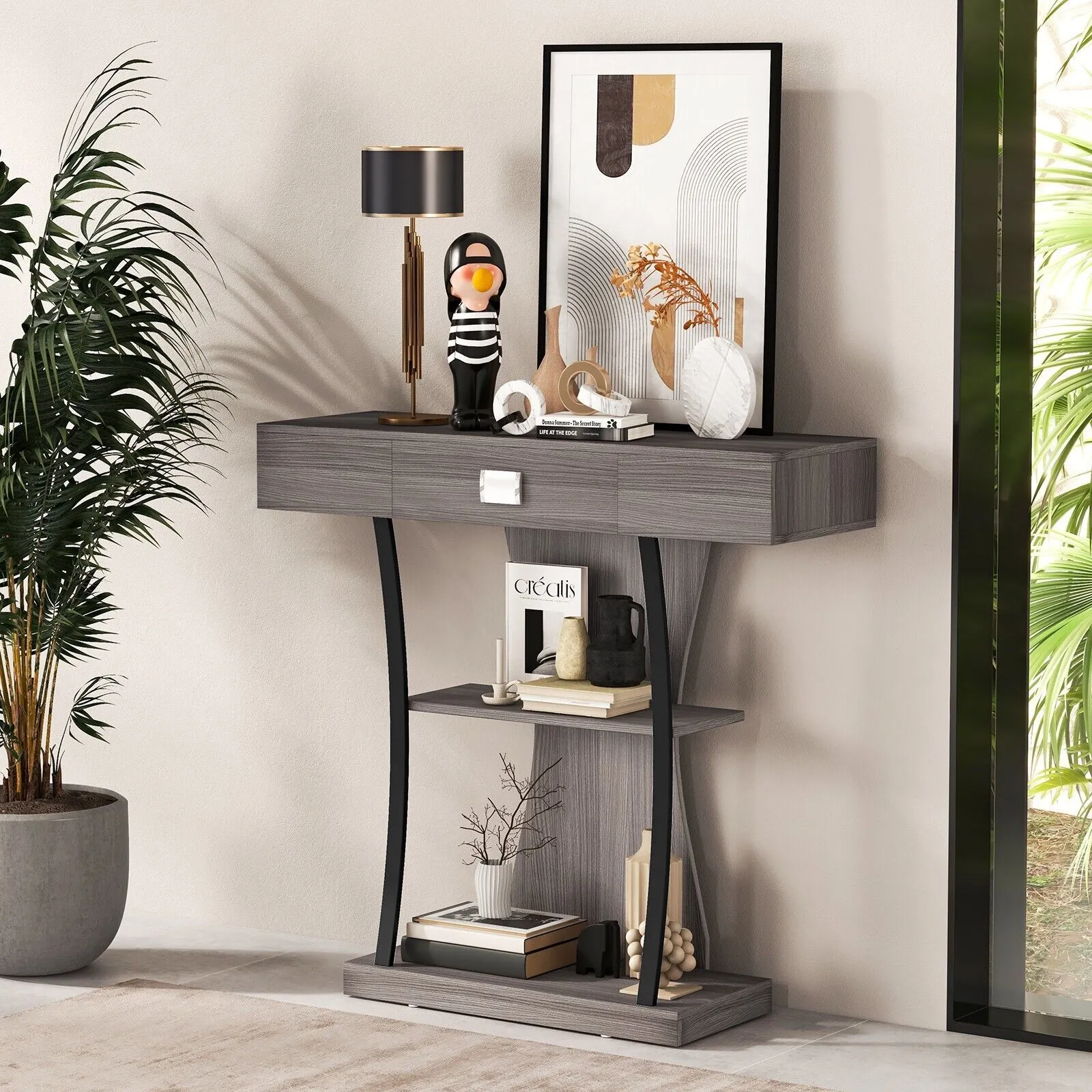 Costway T Shaped Industrial Console Table Narrow Sofa Side Table Entryway Display Shelves in Grey 2