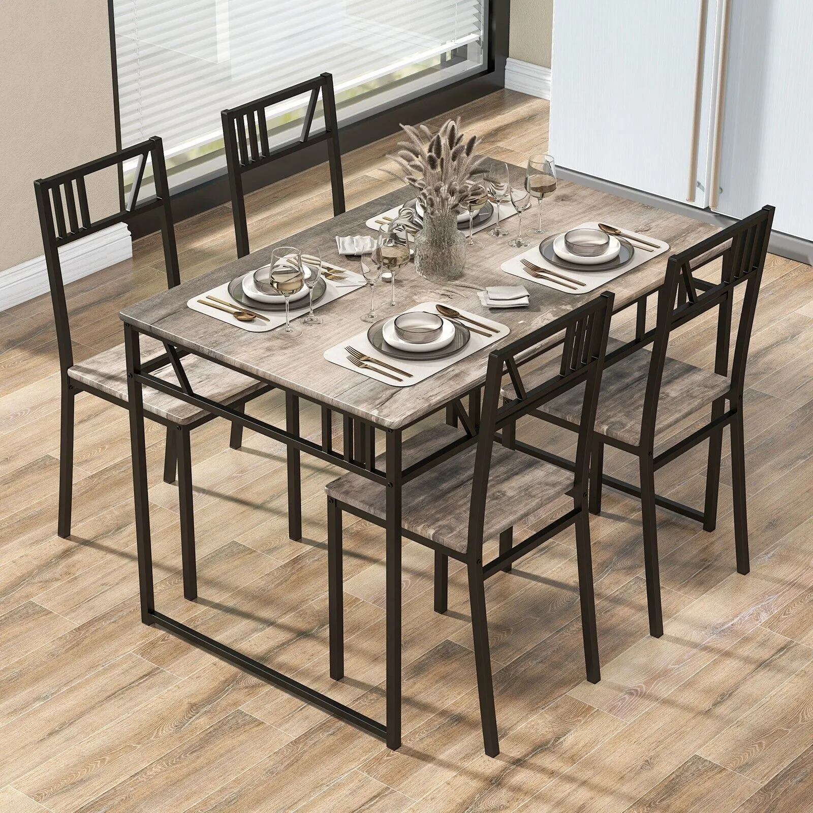 Costway Industrial 5 Piece Dining Table Set Kitchen Table & 4 Chairs Rectangular Table in Grey 3