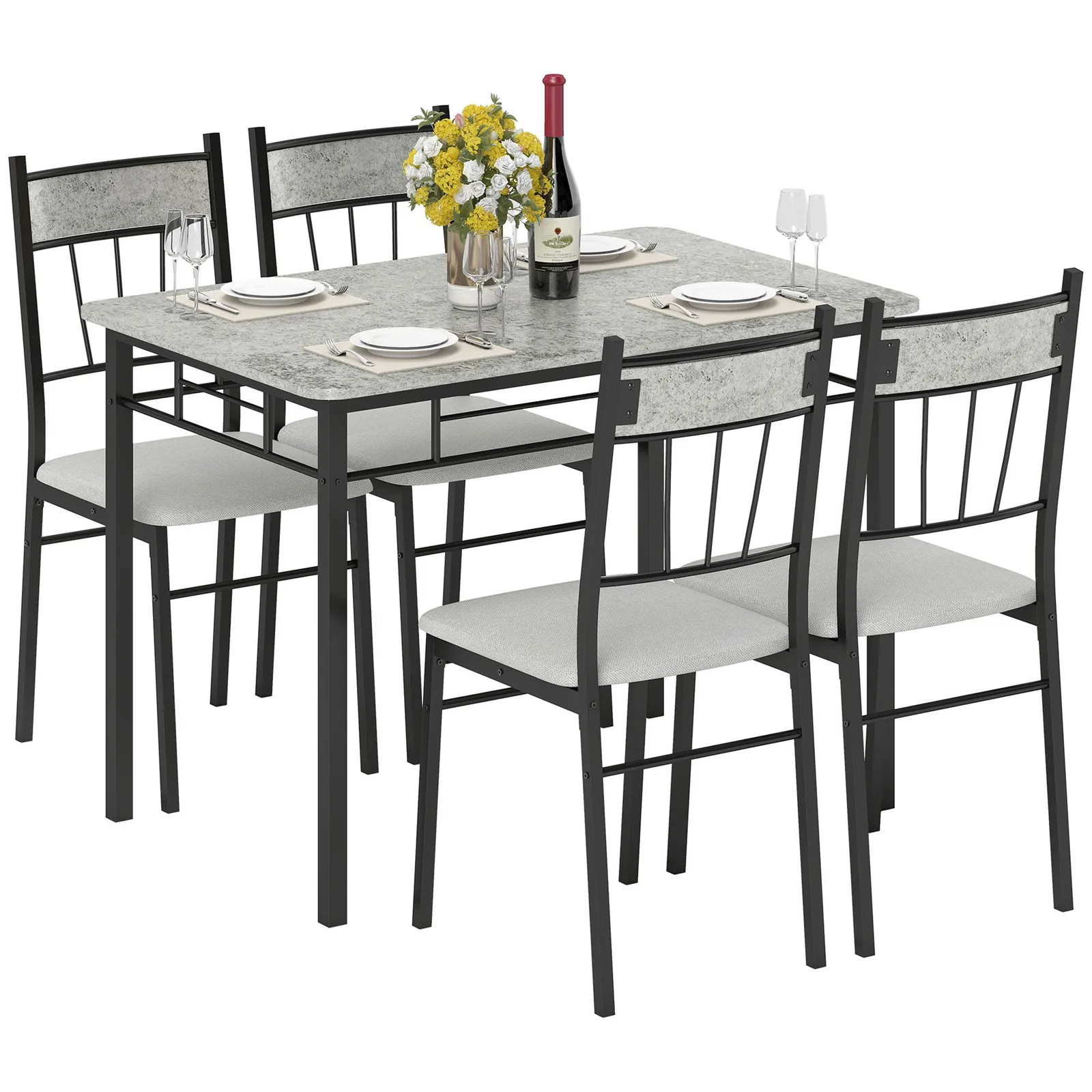HOMCOM Modern Dining Table & Chairs Set 4 with Padded Seat Metal Frame in Light Grey 2