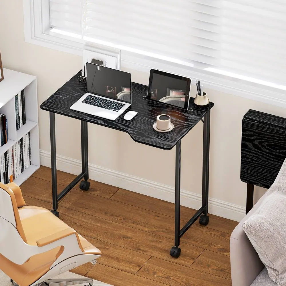 HOMCOM Small Writing Desk with Wheels, Folding Study Table in Black