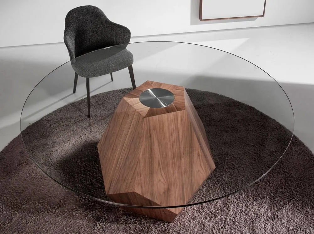 Angel Cerda Round Tempered Glass Dining Table with Walnut Legs in Brown 3
