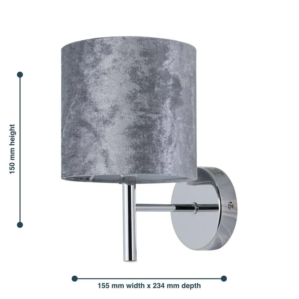 First Choice Lighting Set of 2 Brea - Chrome Wall Lights with Grey Crushed Velvet Shades in Silver 6
